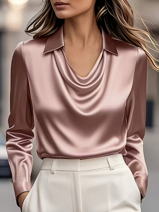 Women'S Long-Sleeve Satin Blouse with a Flowing Collar for Spring And Autumn