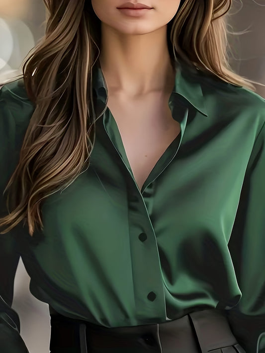 Women’s Satin Long Sleeve Blouse – Elegant V-Neck Button Top for Work & Casual Wear