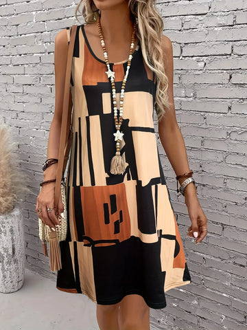 Women’s Sleeveless Geometric Pattern Dress for Spring and Summer