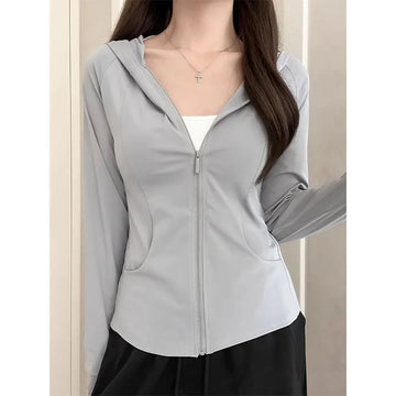 Women’s gray hooded sun protection top, summer, slim fit