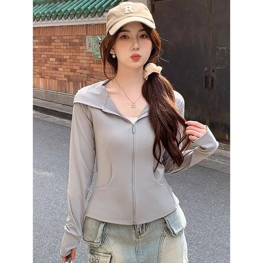 Women’s gray hooded sun protection top, summer, slim fit