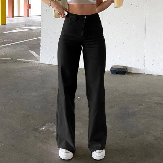 Straight Pants with Zipper, High Waist, Pockets, and Slight Stretch
