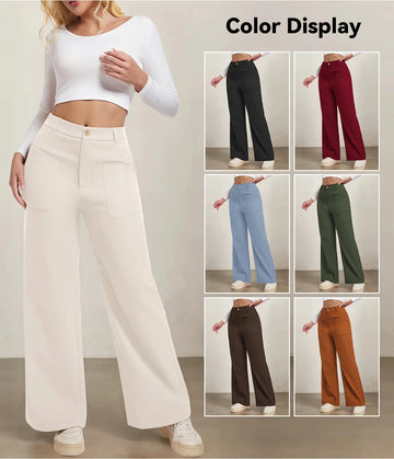 High-waist wide-leg women’s pants with front button and pockets