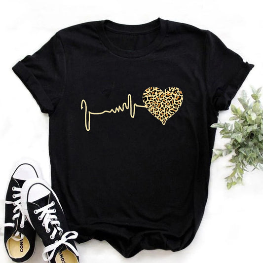 New Women’s Summer T-Shirt – 90’s Leopard Heart Print