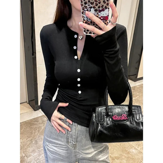American women’s long-sleeve slim-fit T-shirt with half-open collar for autumn/winter