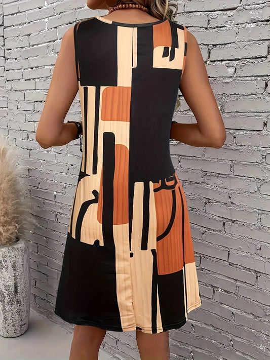 Women’s Sleeveless Geometric Pattern Dress for Spring and Summer